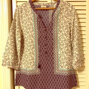 Blue patterned tunic style blouse size medium